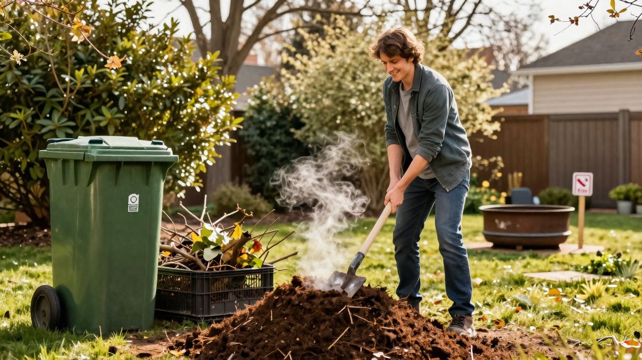Pessoa abrindo um monte de terra com pá em jardim com folhas e galhos.