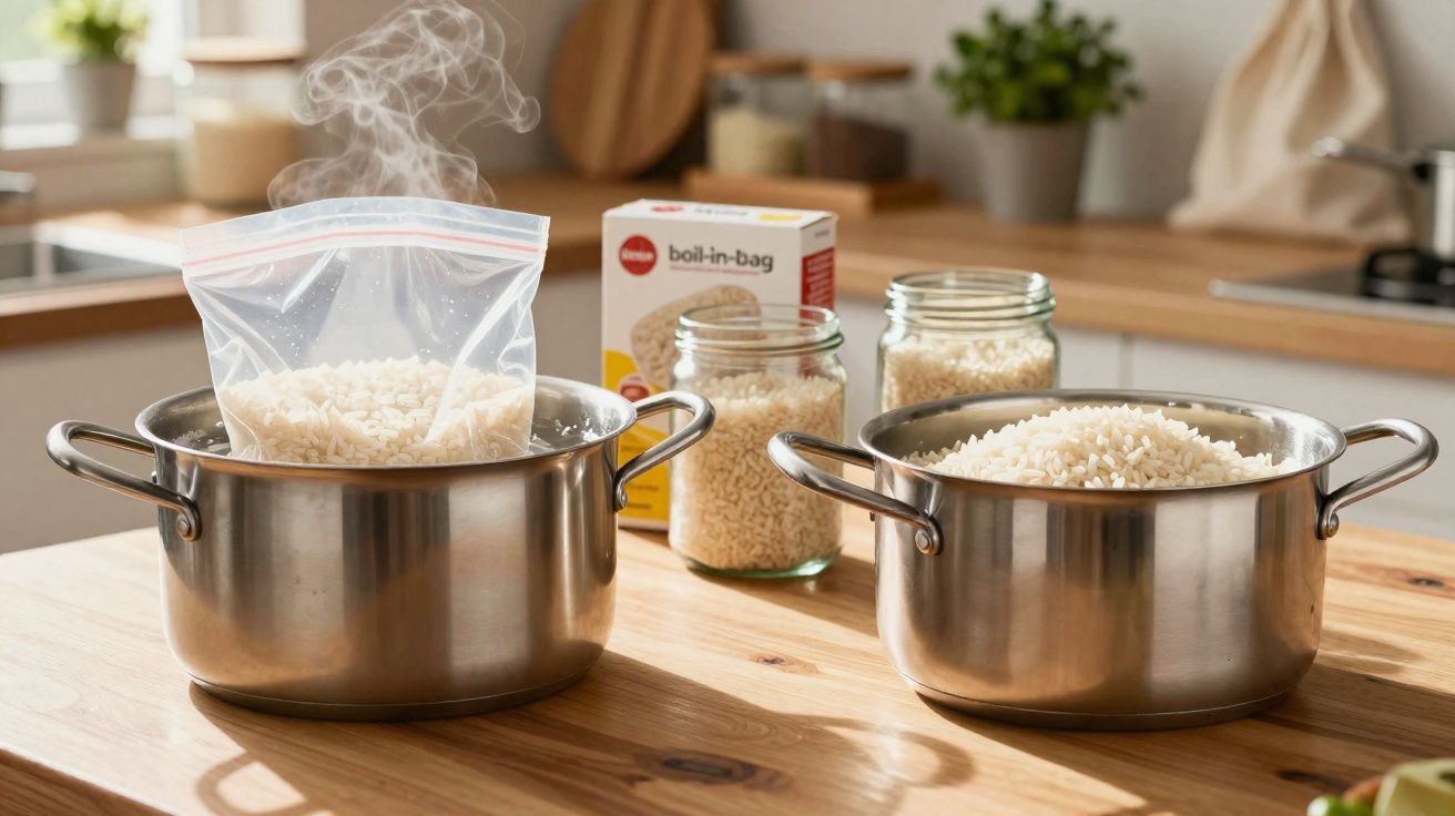 Panela com arroz cozinhando em saco plástico ao lado de arroz cru em panela e potes na cozinha.