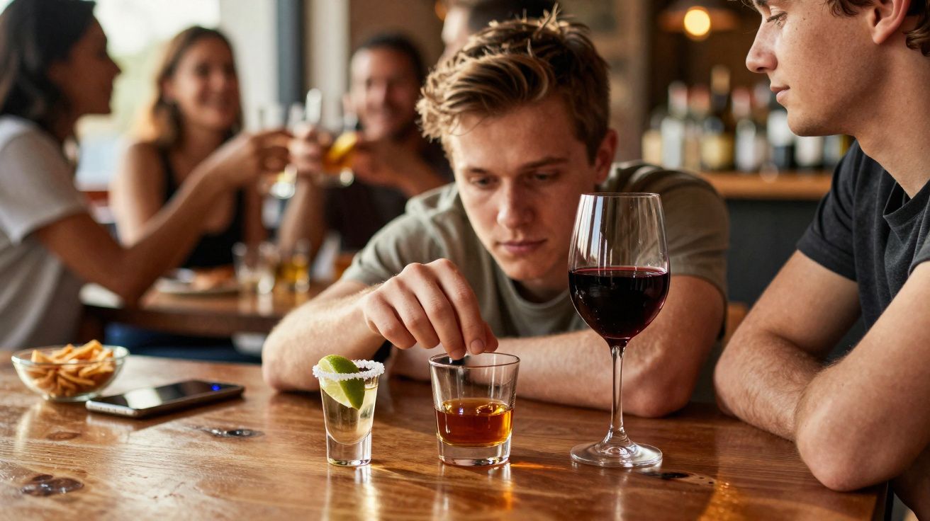 Homem com expressão pensativa sentado em mesa de bar com três copos de bebida à frente.