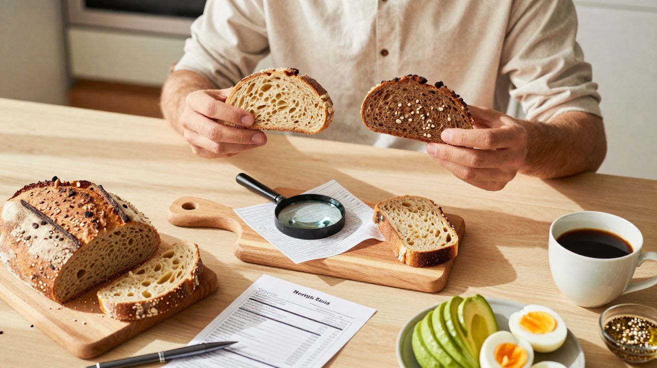 Pessoa segurando fatias de pão integral e branco em mesa com café, ovos, abacate e documentos.
