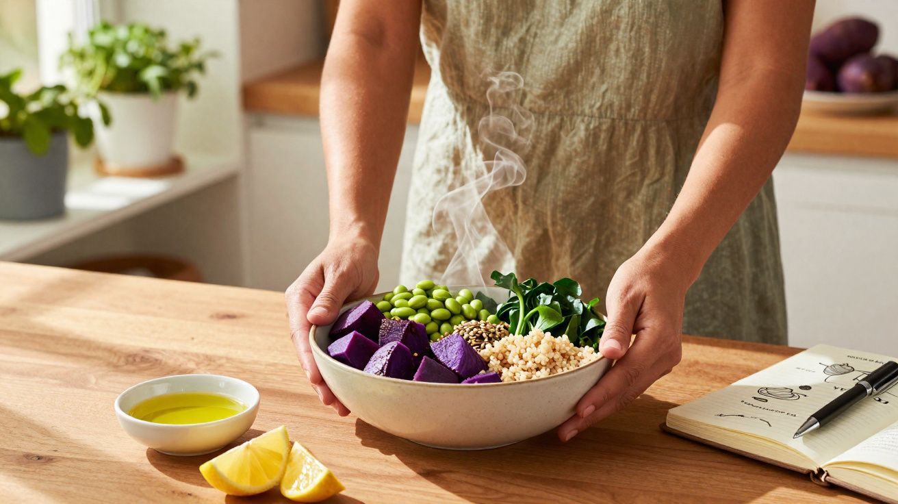 Pessoa segurando tigela com alimentos saudáveis como batata-doce roxa, edamame, folhas verdes e grãos na mesa de madeira.