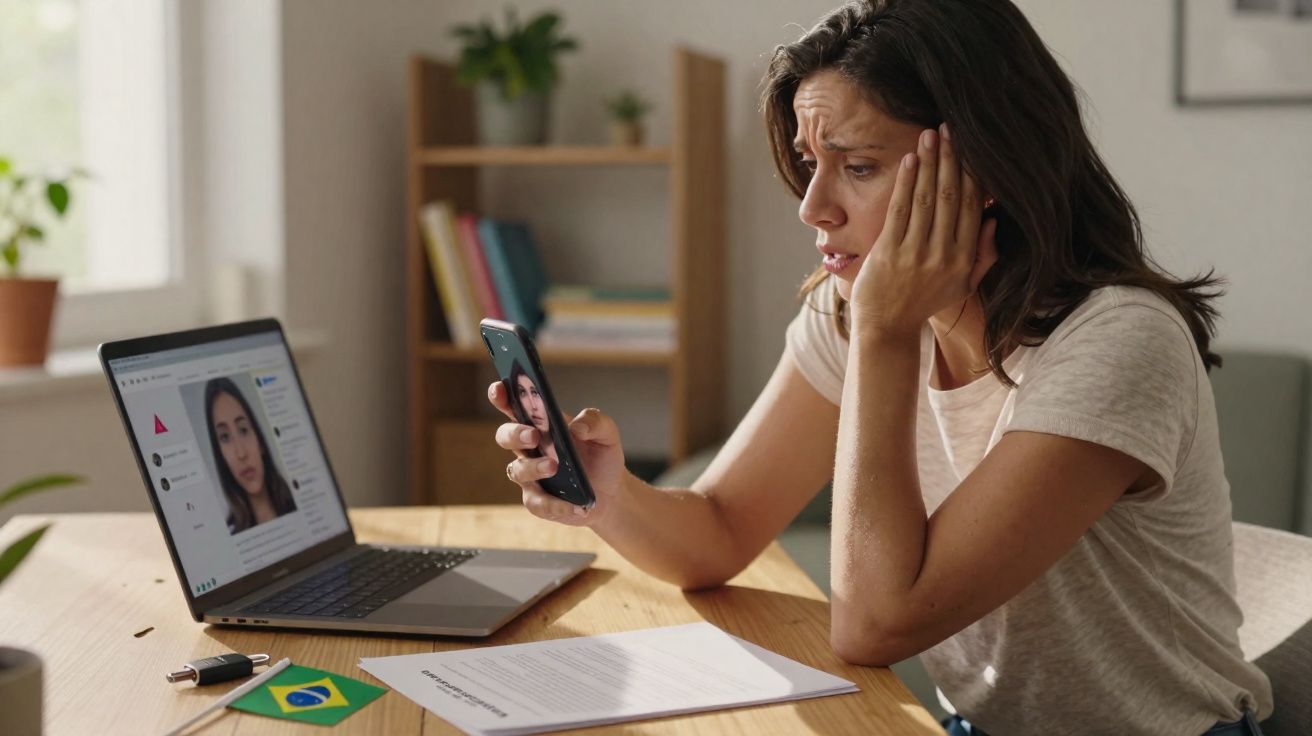 Mulher preocupada fazendo videochamada no celular enquanto está em mesa com laptop e documentos.