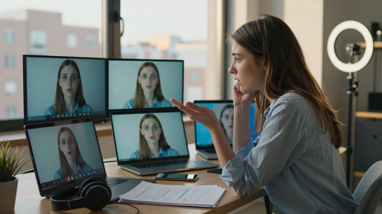 Mulher em videochamada com múltiplas telas exibindo seu rosto, sentada em escritório com iluminação profissional.