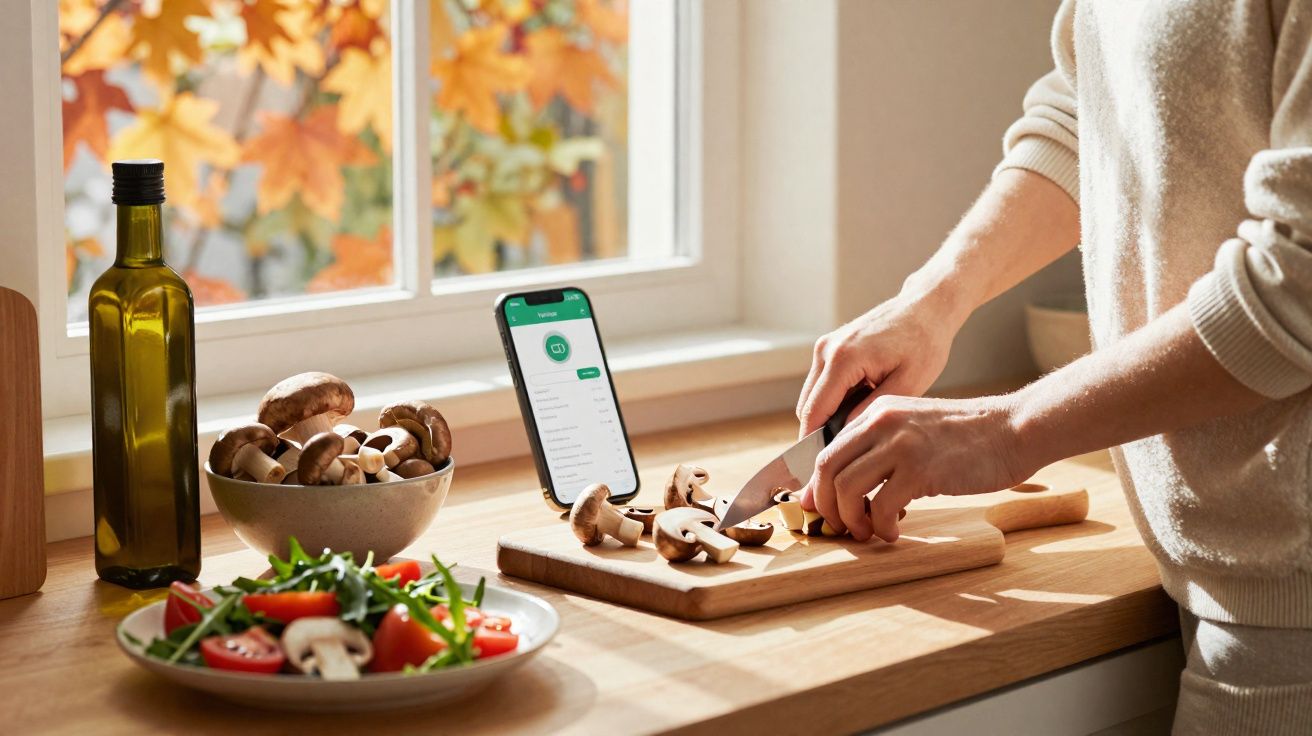 Pessoa cortando cogumelos na tábua de madeira em cozinha com salada, azeite e celular mostrando receita.