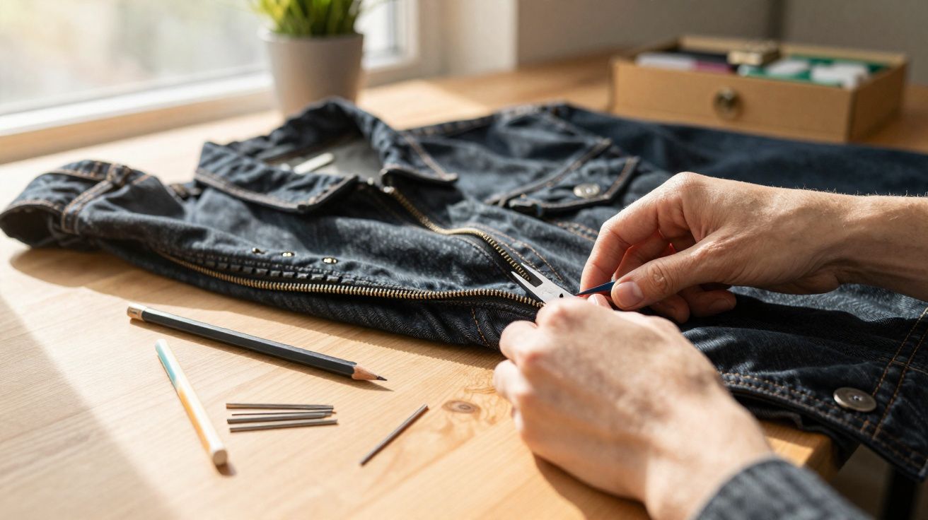 Mãos ajustando zíper de jaqueta jeans sobre mesa de madeira com lápis e alfinetes.