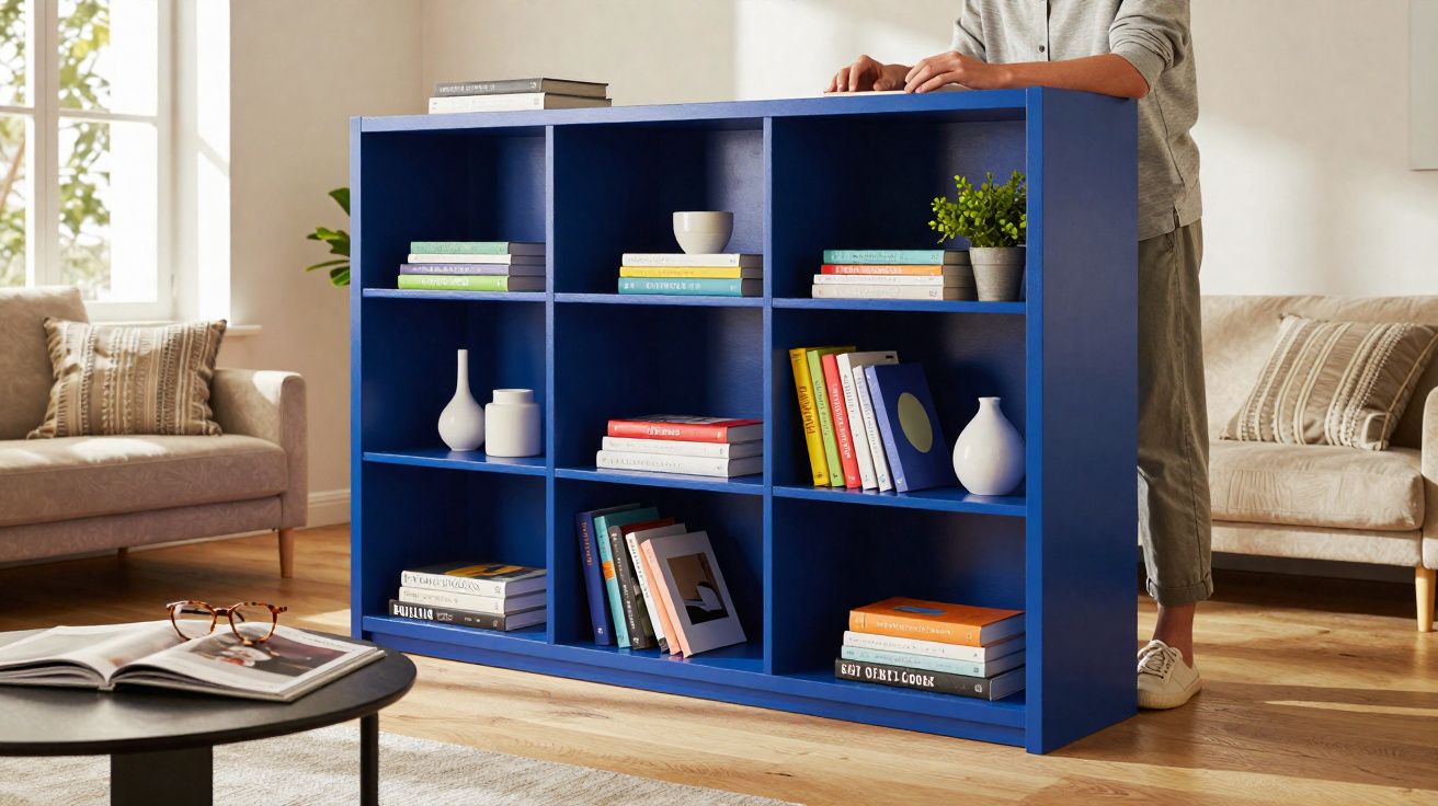 Estante azul com livros, vasos e planta, pessoa ao lado, em sala com sofá e mesa de centro.