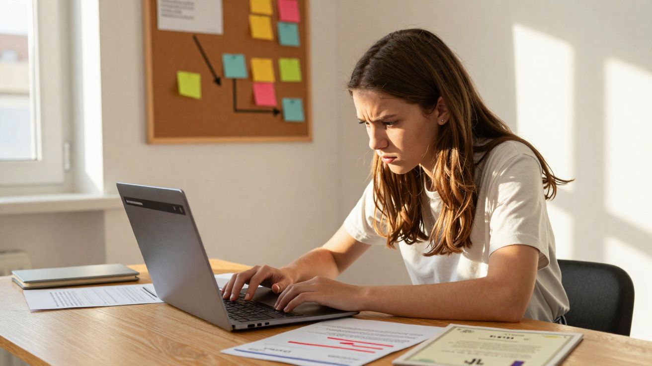 Mulher concentrada trabalhando em laptop à mesa com documentos em ambiente iluminado pelo sol.