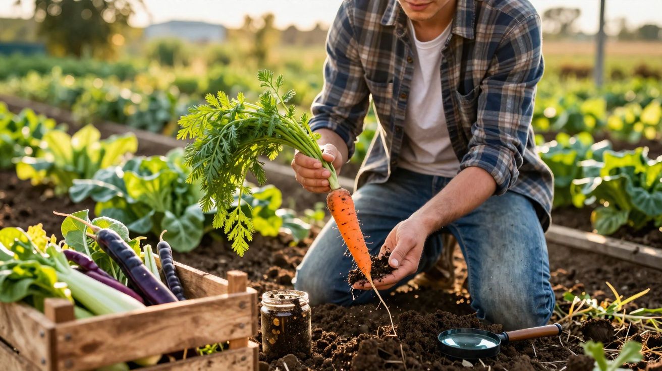 Pessoa colhendo cenoura em horta ao ar livre, com caixa de vegetais frescos ao lado.