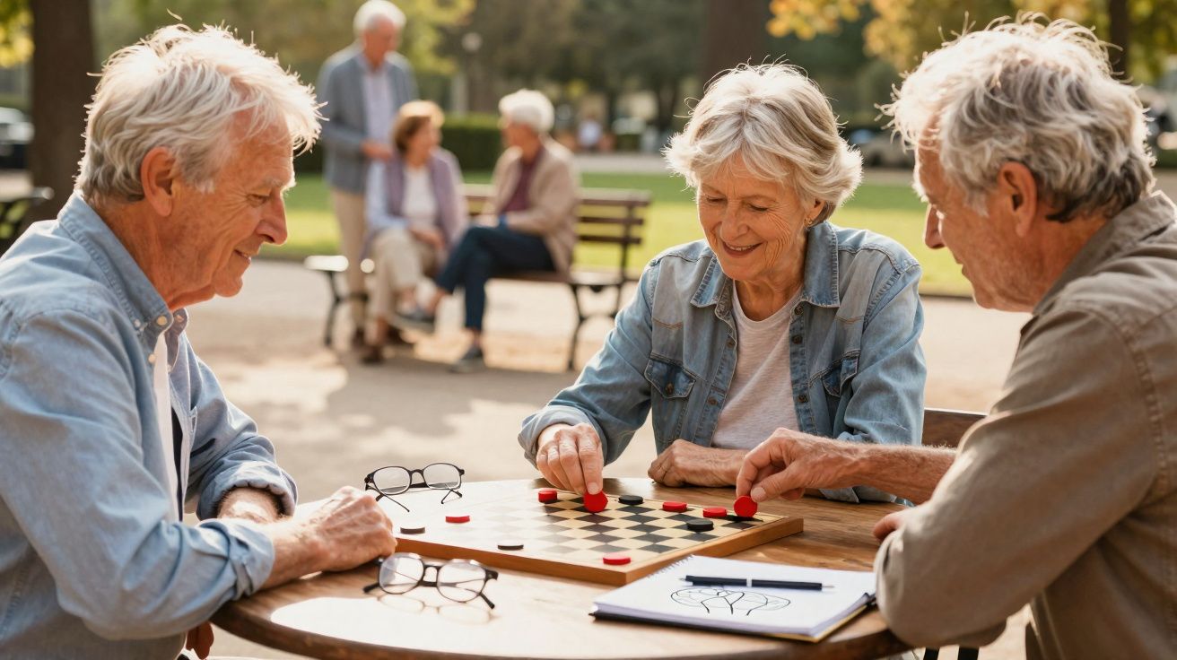 Três idosos jogando damas ao ar livre em mesa redonda com outras pessoas ao fundo no parque.