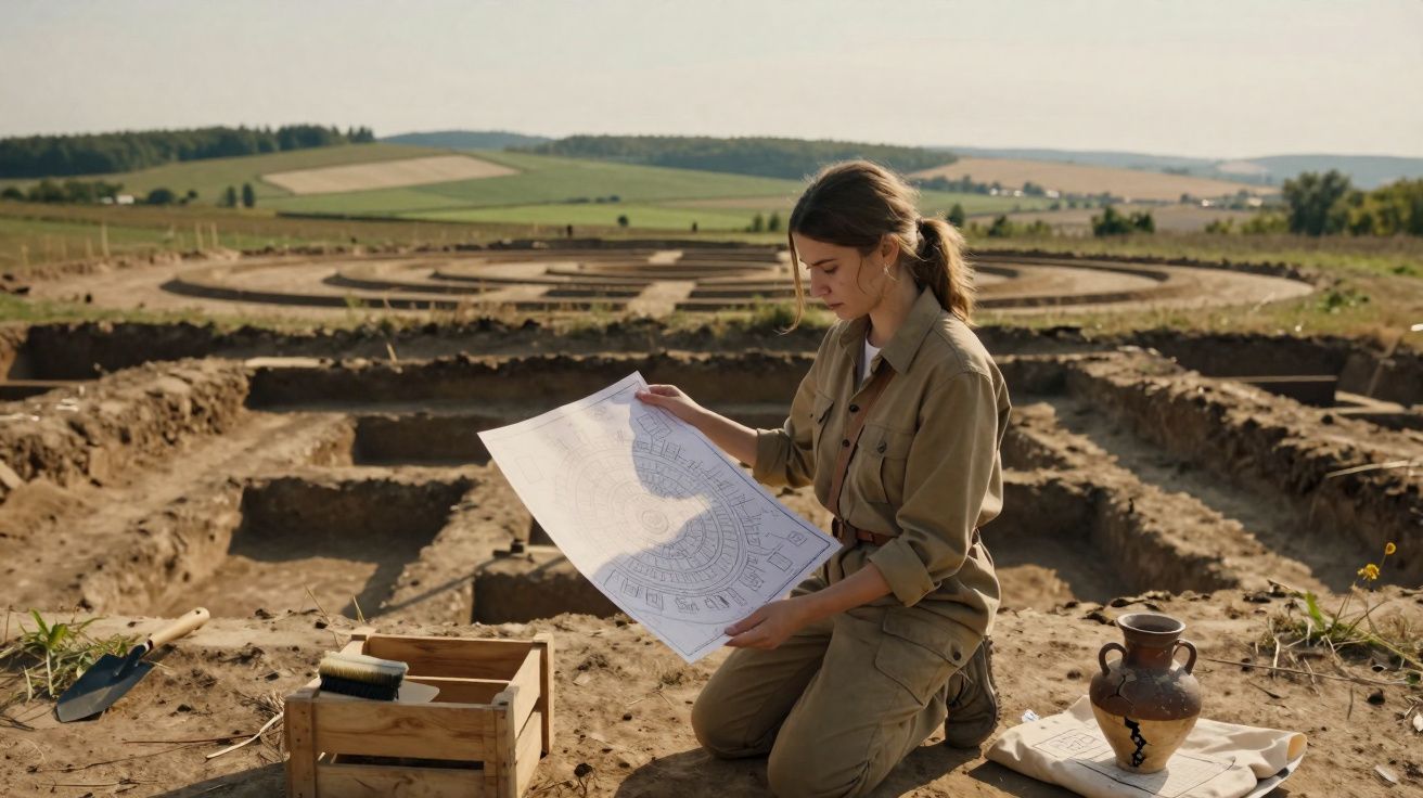Mulher arqueóloga examina planta de escavação em sítio arqueológico com cerâmica e ferramentas ao redor.