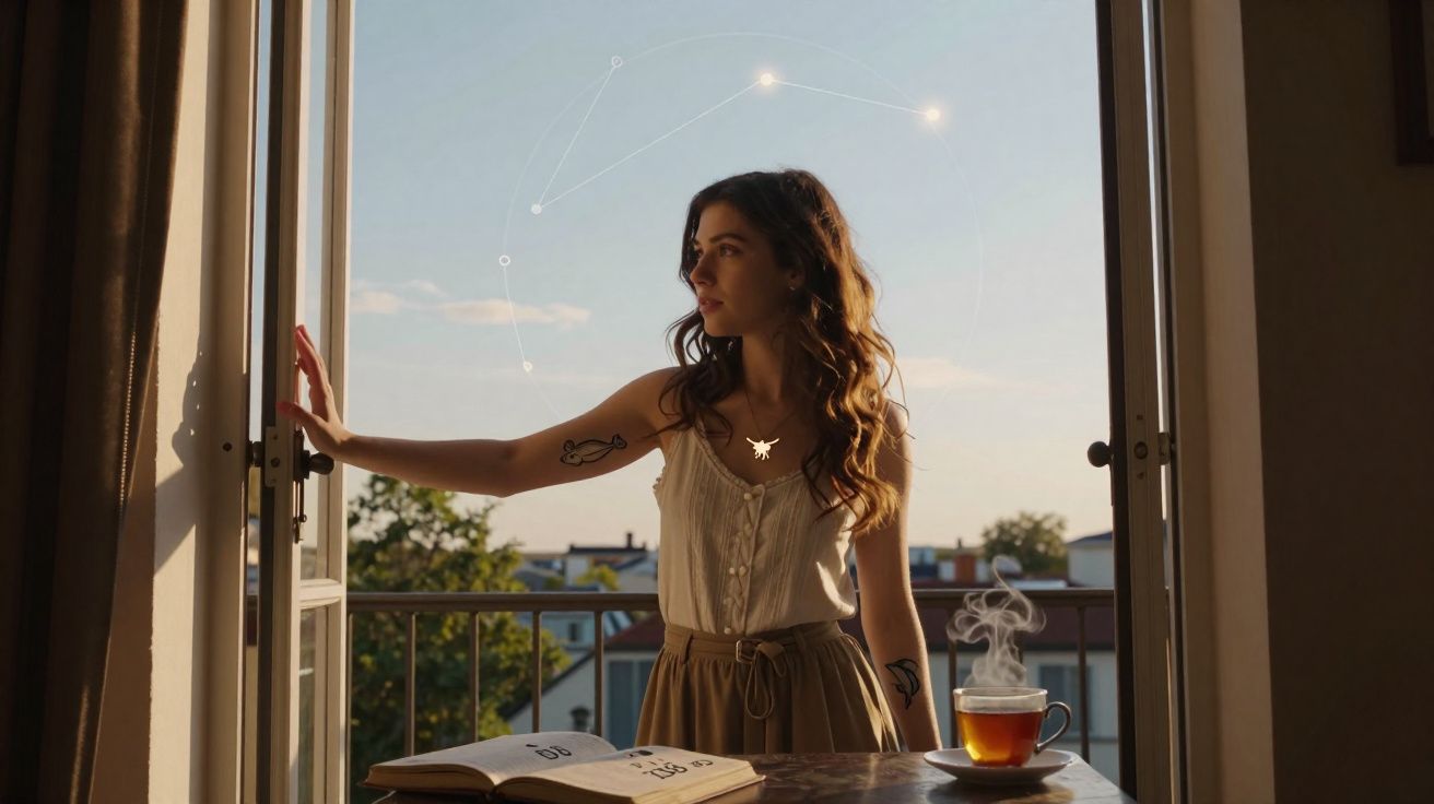 Mulher olhando pela janela aberta ao pôr do sol, com livro aberto e xícara de chá fumegante sobre a mesa.