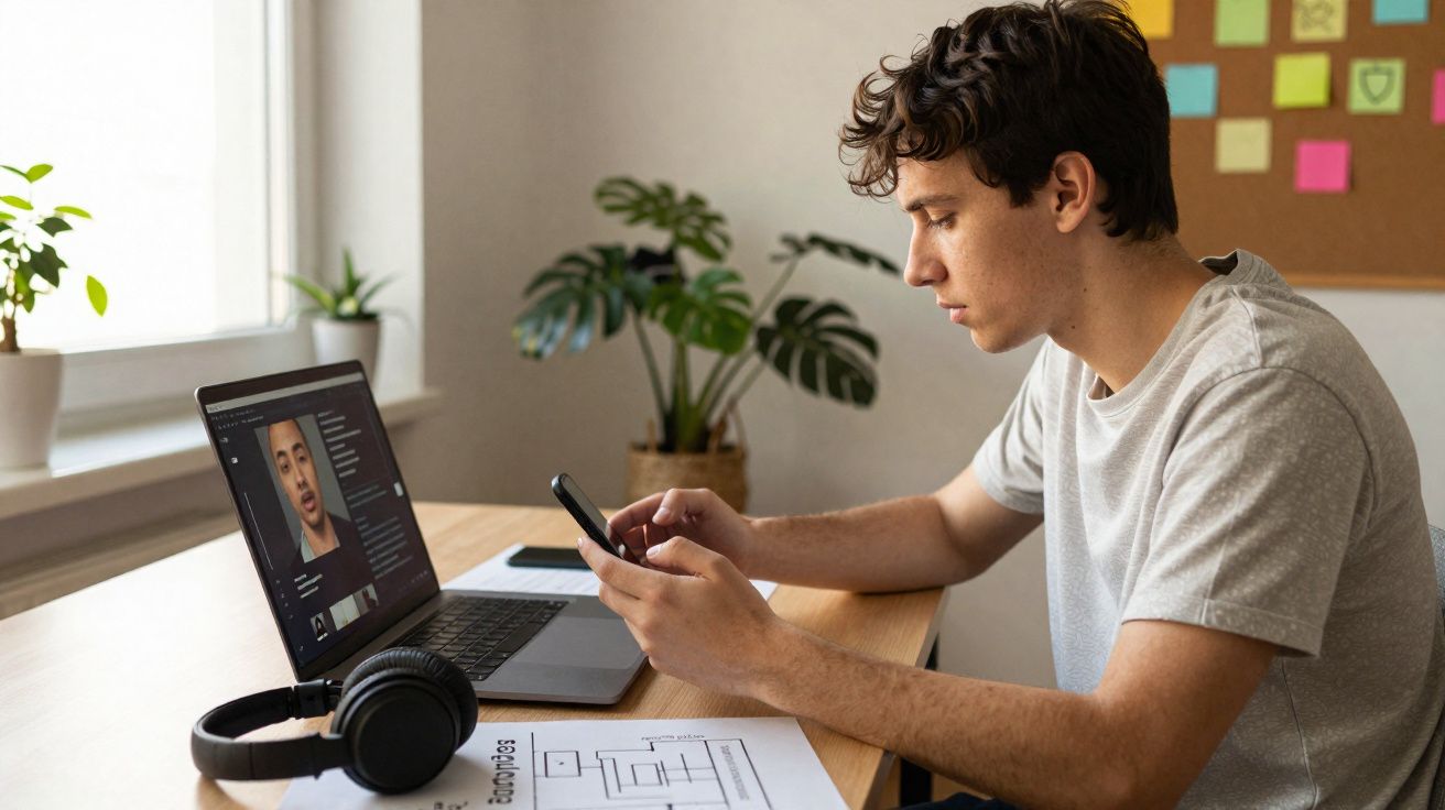 Jovem sentado à mesa usando celular com vídeo no laptop, papel com esboço, fones de ouvido e plantas ao fundo.