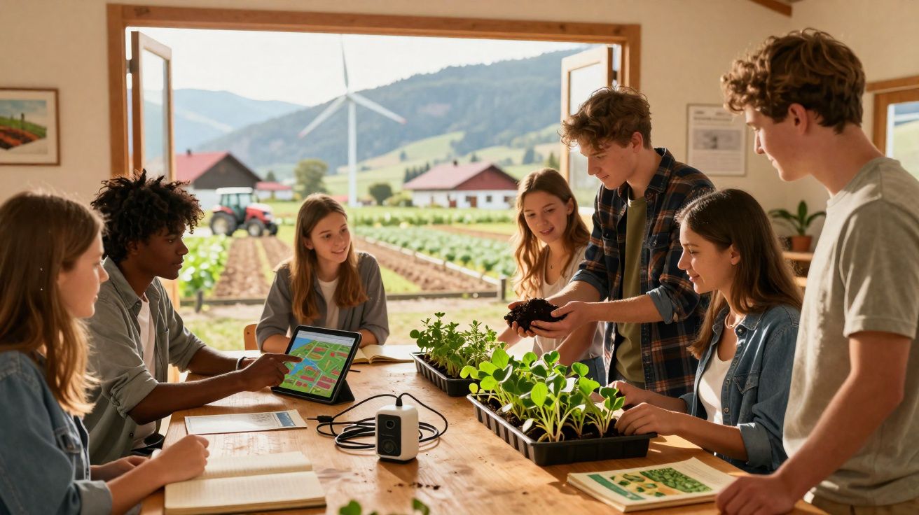 Jovens em oficina sobre agricultura sustentável com mudas e equipamentos tecnológicos à mesa.