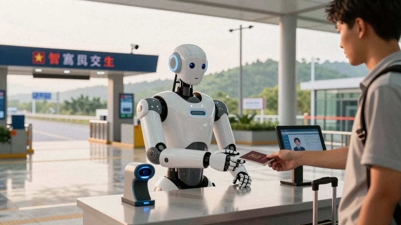 Robô atendendo passageiro que entrega passaporte em balcão de controle em rodovia moderna.