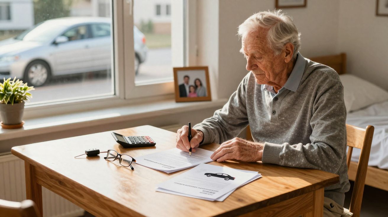 Idoso sentado à mesa, assinando documentos relacionados a um carro, com calculadora e óculos à frente.