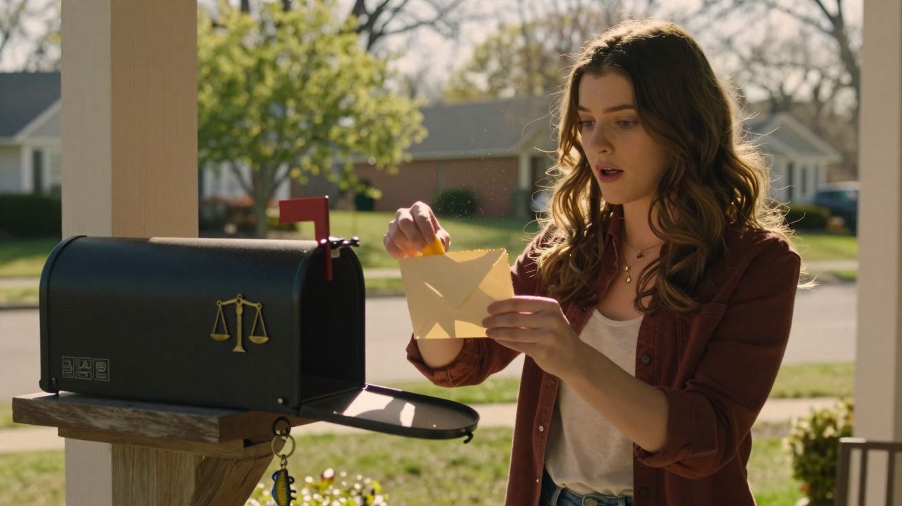 Mulher retirando uma carta amarela da caixa de correio preta em uma varanda ensolarada.