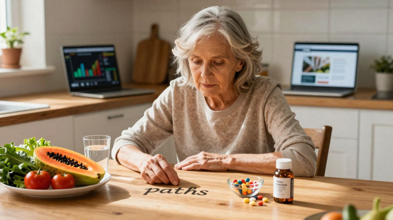 Mulher idosa sentada à mesa com frutas, remédios e olhando para a palavra "paths" escrita na madeira.