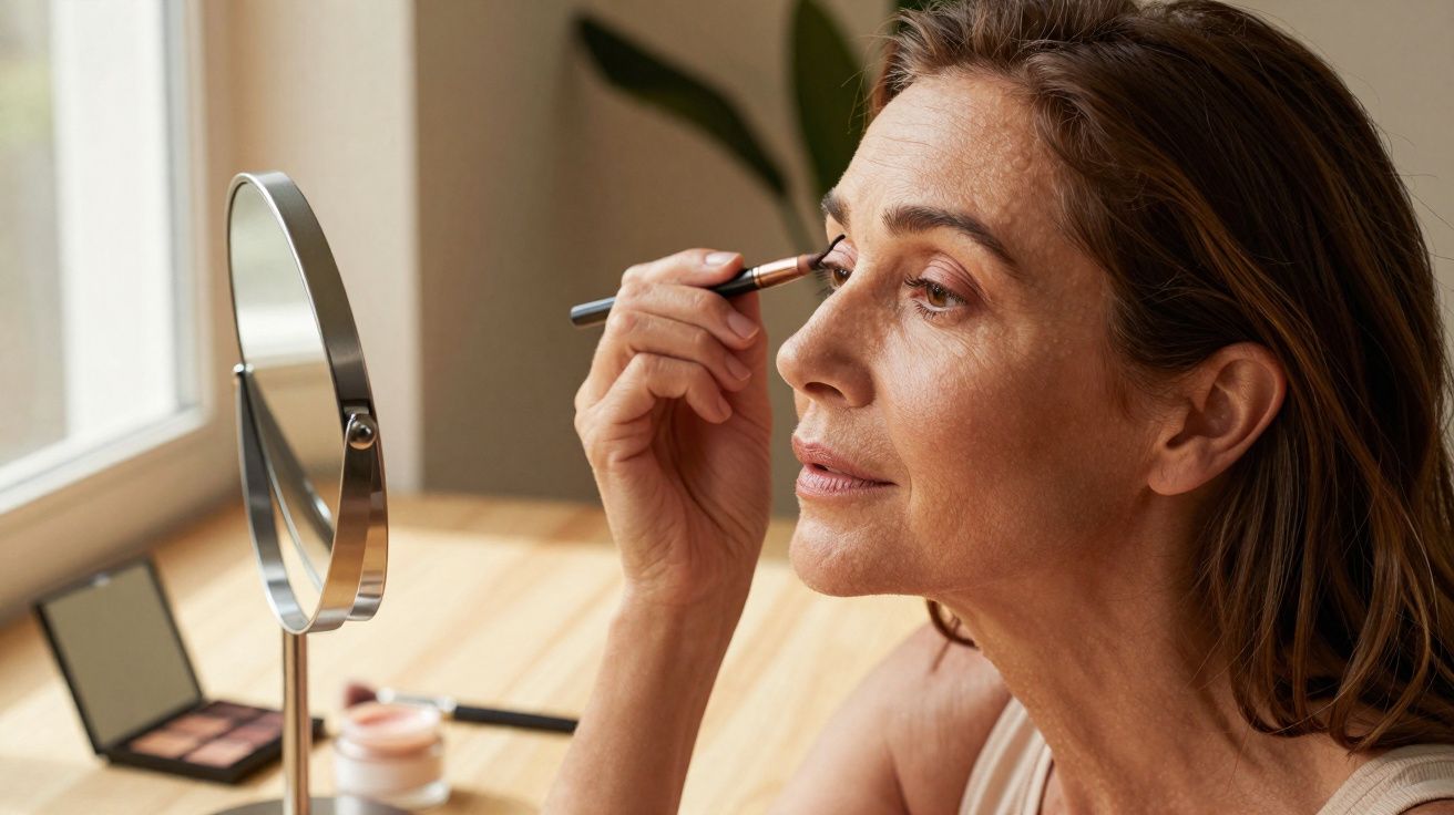 Mulher aplicando sombra nas pálpebras em frente a espelho pequeno sobre mesa de madeira perto da janela.