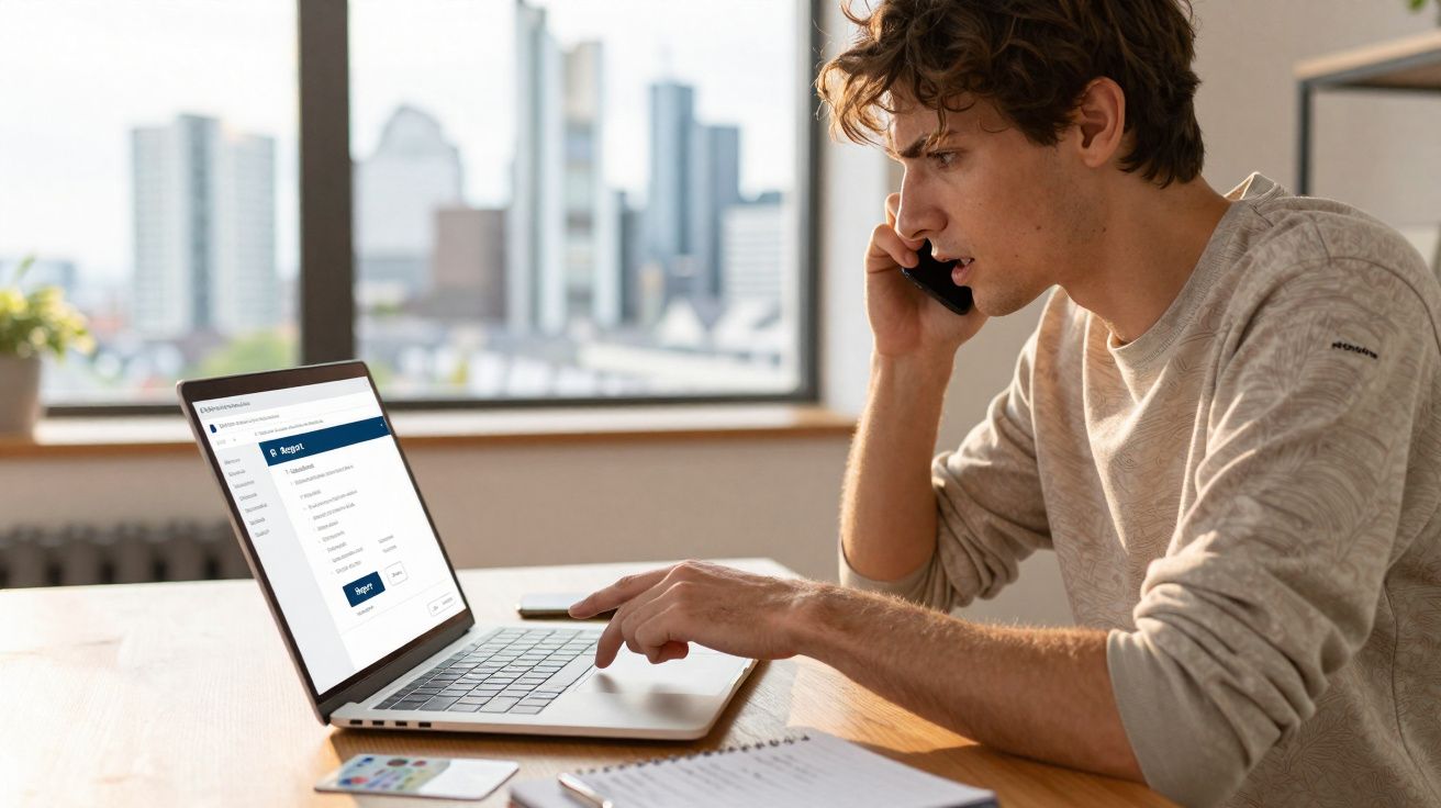 Homem jovem usando laptop e falando ao telefone em uma mesa com vista para cidade ao fundo.