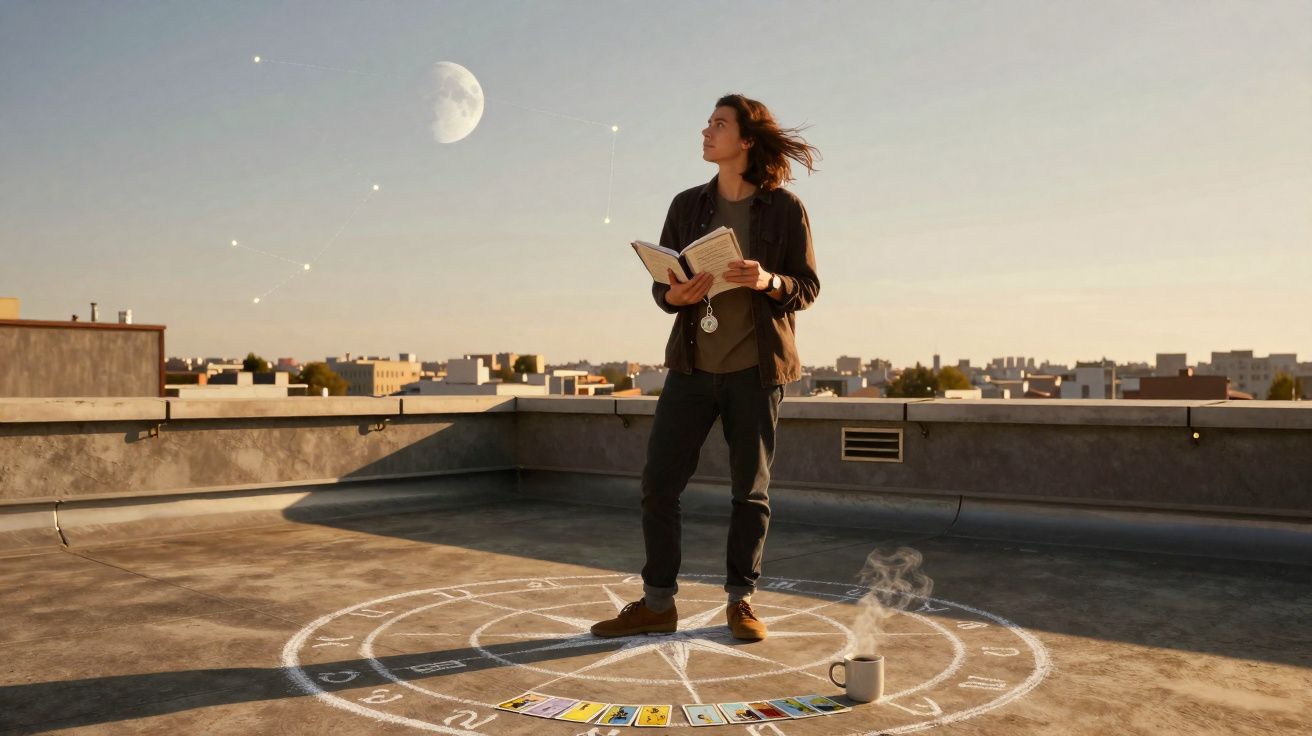 Pessoa em terraço com cartas de tarô e círculo místico desenhado no chão, segurando livro sob a luz do entardecer.