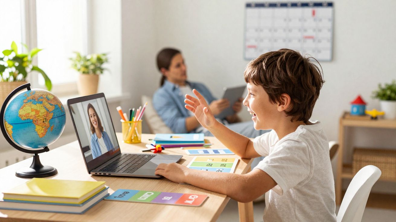 Criança em videochamada com professora no laptop, com mãe ao fundo usando tablet em ambiente claro.