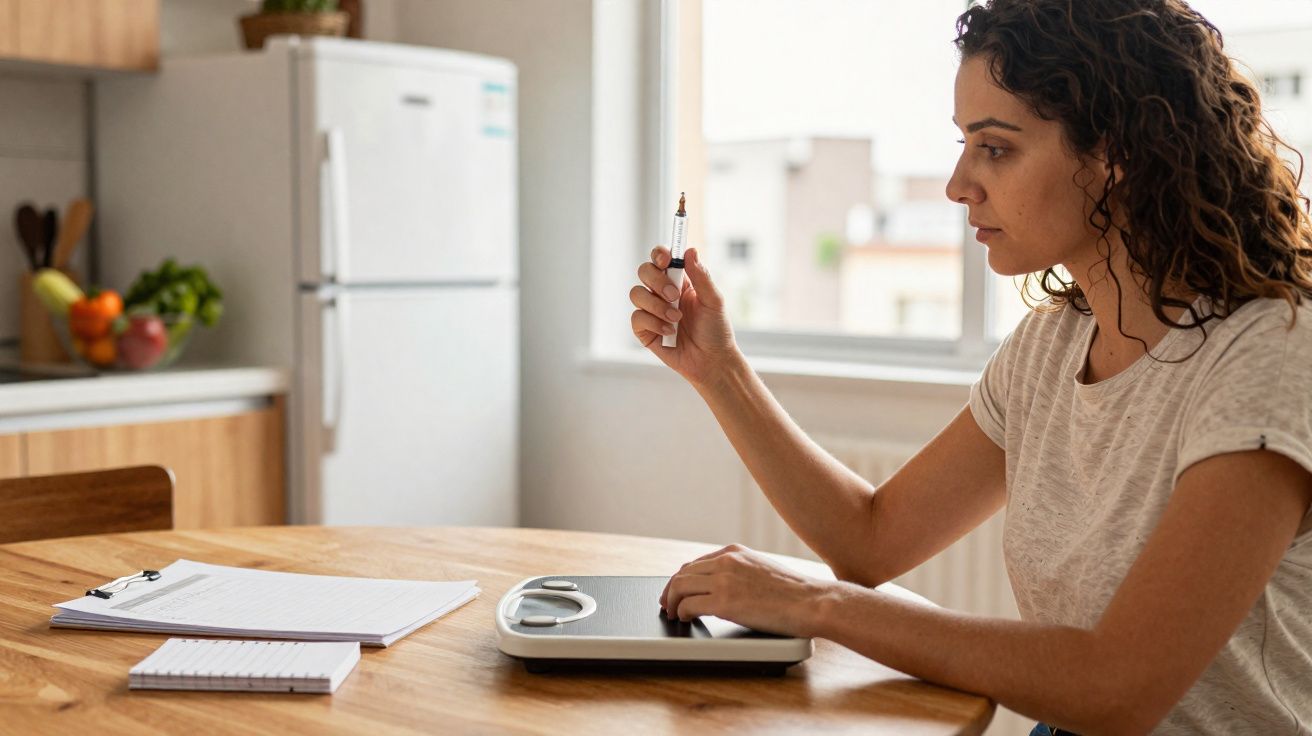 Mulher analisando seringa ao lado de balança e caderno em mesa de cozinha iluminada pela janela.
