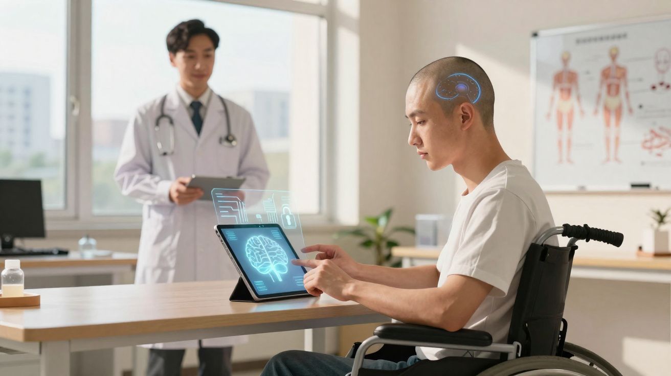 Paciente em cadeira de rodas interagindo com tablet que mostra imagem digital do cérebro, com médico ao fundo.