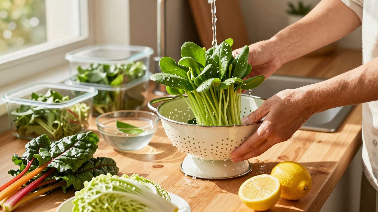 Mãos lavando verduras frescas em escorredor na cozinha com legumes e limões na bancada.