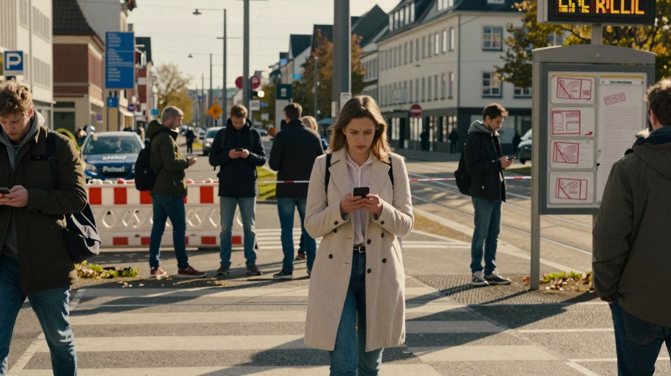 Pessoas na calçada de uma rua urbana olhando para seus celulares em dia ensolarado.