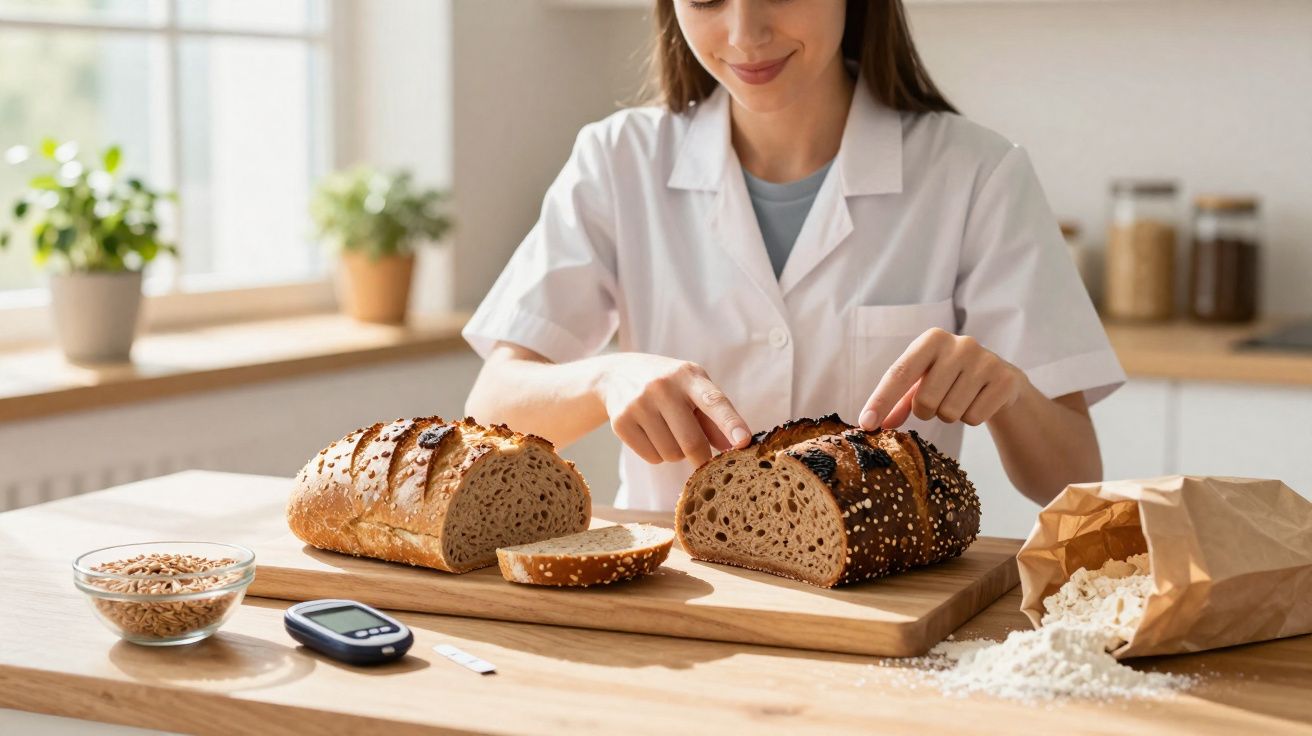 Mulher com jaleco branco examinando fatia de pão integral em tábua de madeira na cozinha.