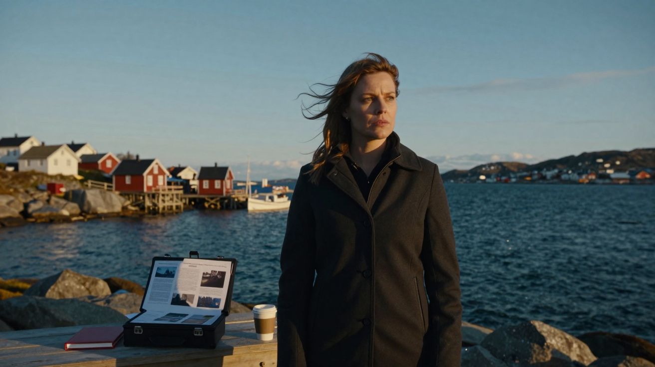 Mulher de casaco escuro em cais com mar e casas ao fundo sob céu claro ao entardecer.