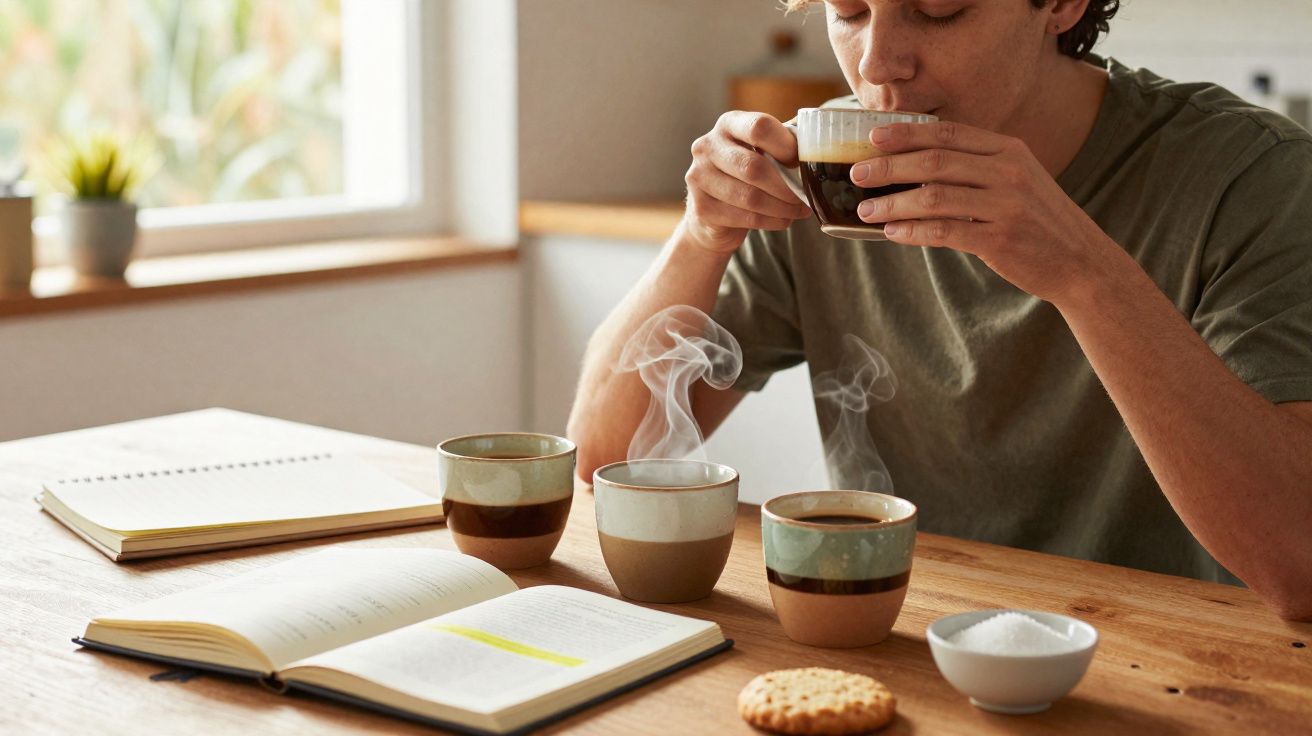 Pessoa bebendo café em xícara transparente, com três xícaras fumegantes, livro aberto e biscoito sobre mesa de madeira.