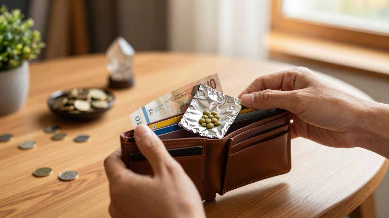 Cartão, dinheiro e comprimidos em embalagem dentro de carteira marrom nas mãos de uma pessoa.