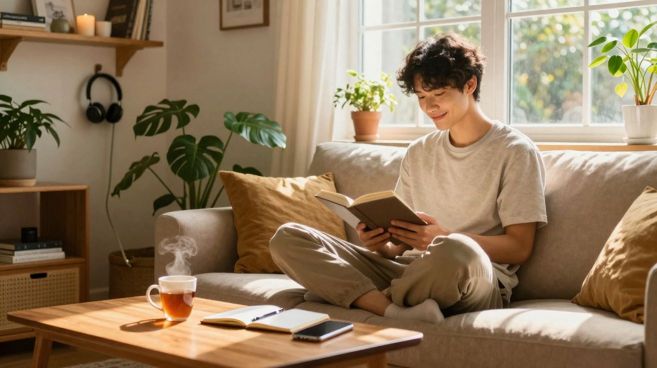 Jovem sentado no sofá lendo livro em sala iluminada, com plantas, almofadas e xícara de chá na mesa.