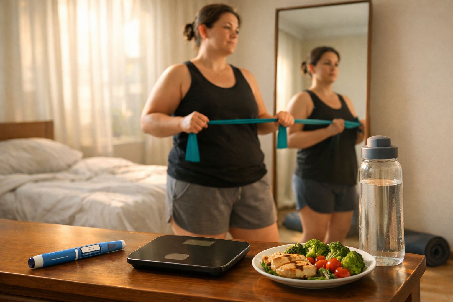Mulher fazendo exercícios com faixa elástica em quarto, com comida saudável, balança e água na mesa.