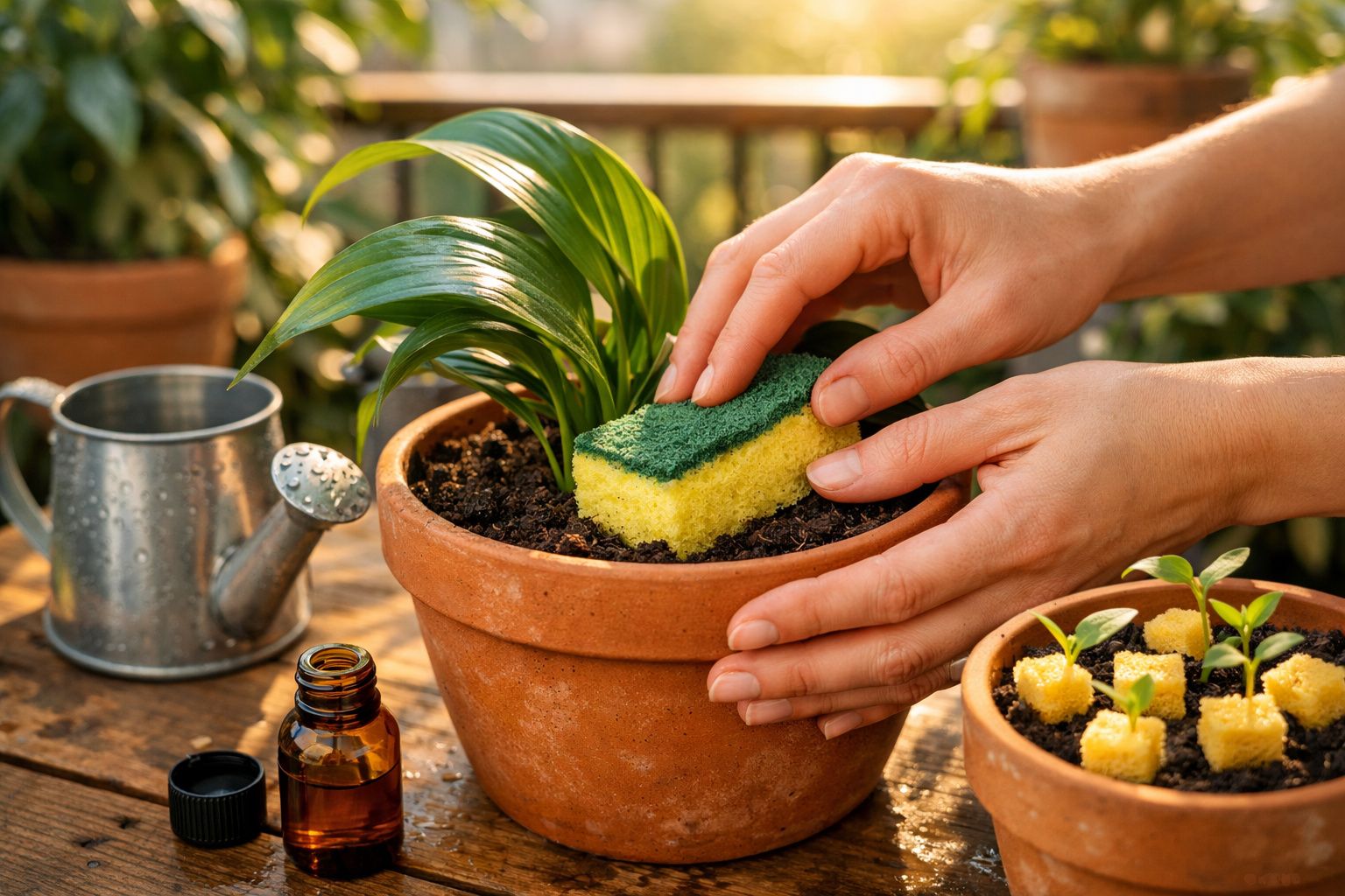 Mãos limpando vaso de planta com esponja verde e amarela em ambiente de jardinagem.