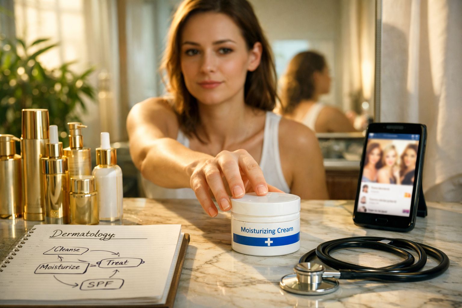 Mulher pega pote de creme hidratante em bancada com produtos de skincare, estetoscópio e celular.