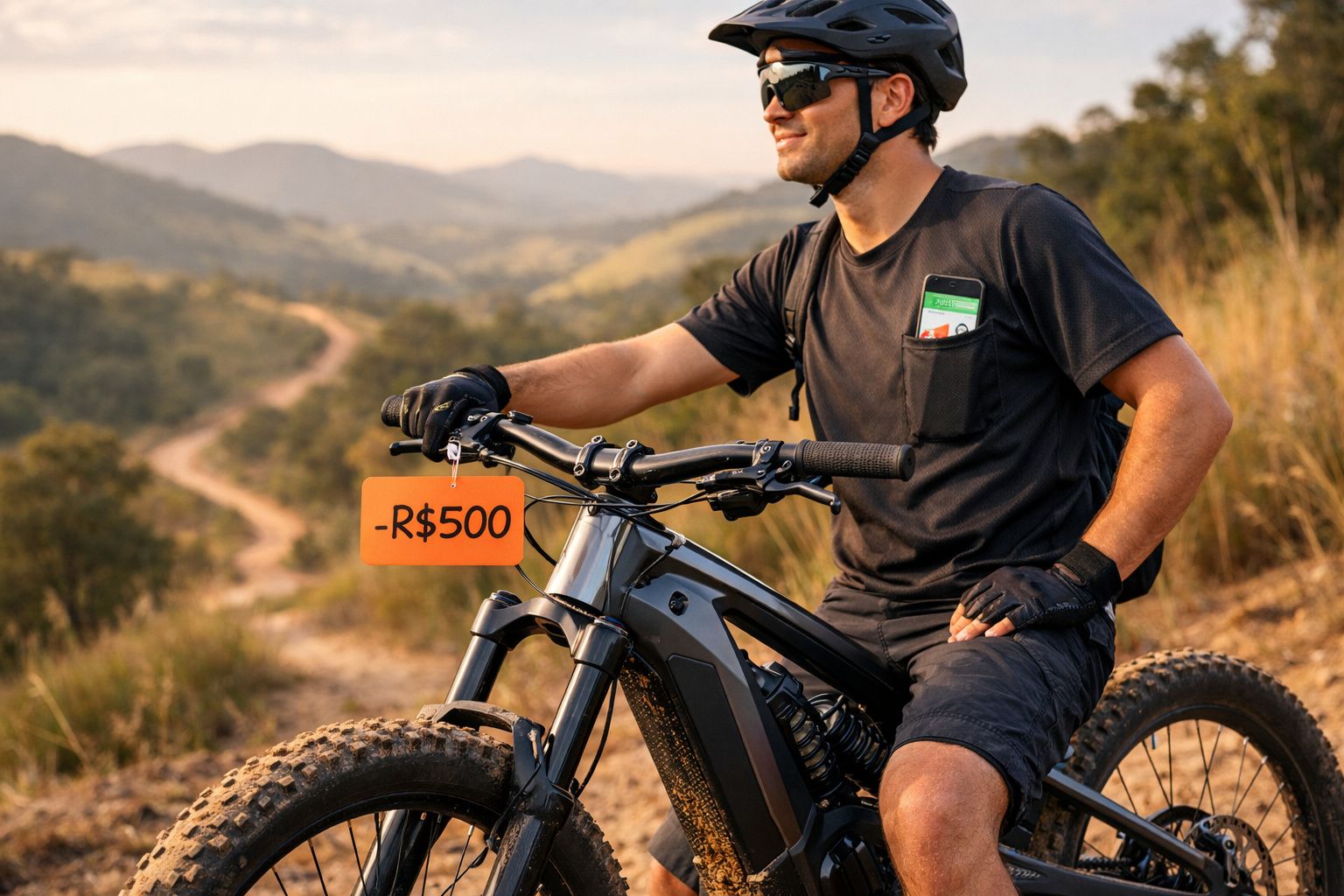 Homem de capacete sentado em bicicleta elétrica preta na trilha com placa de preço descontado de R$500.