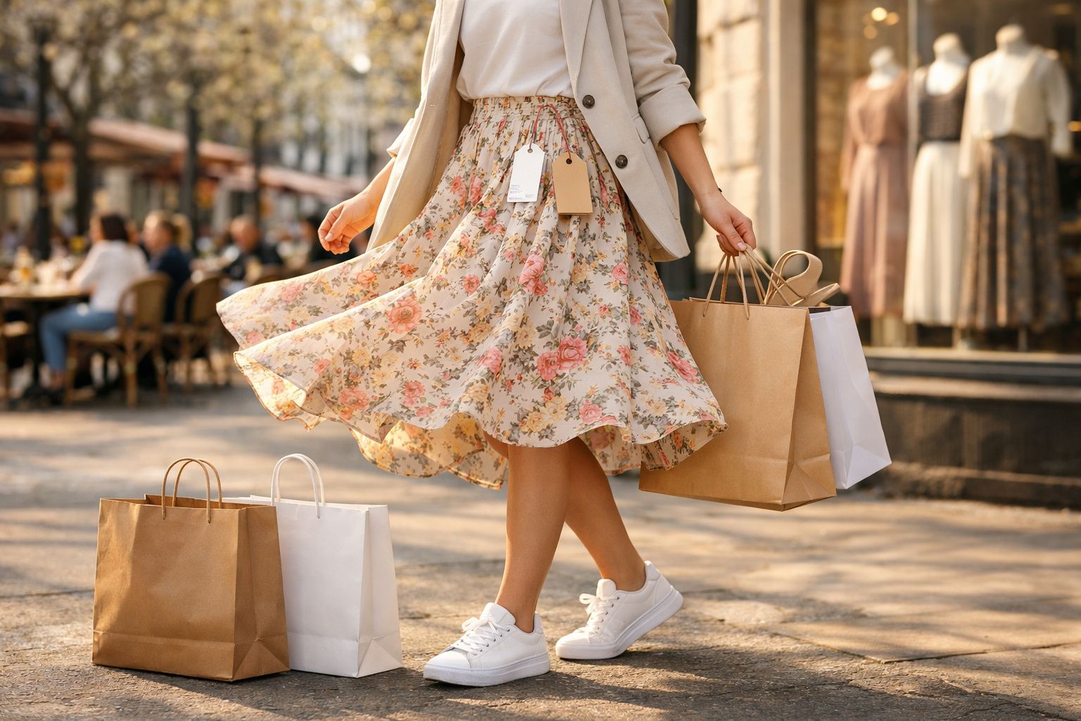 Mulher com saia florida e tênis branco segurando sacolas de compras em rua movimentada durante dia ensolarado.