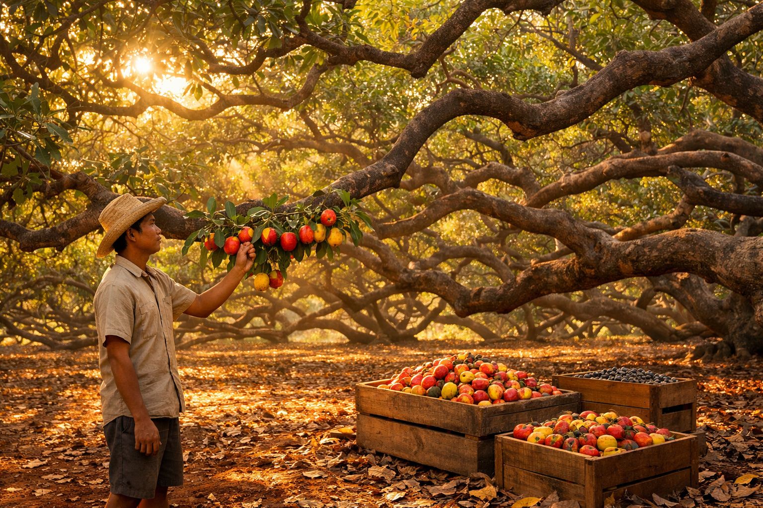 Homem colhendo frutas vermelhas em pomar com caixas cheias de frutas sob árvores retorcidas ao entardecer.