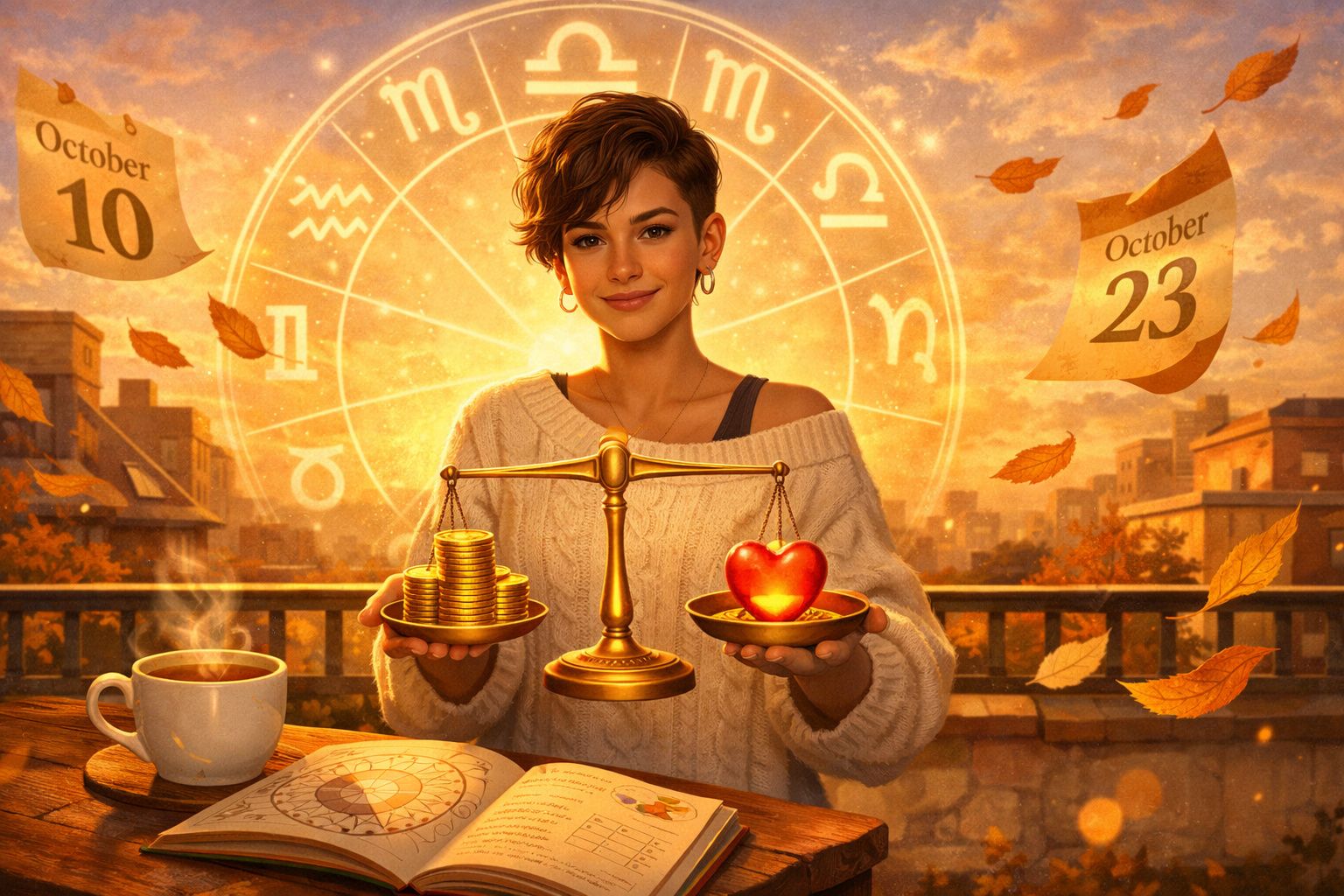 Mulher segurando balança dourada com moedas e coração em cenário outonal com signos do zodíaco ao fundo.