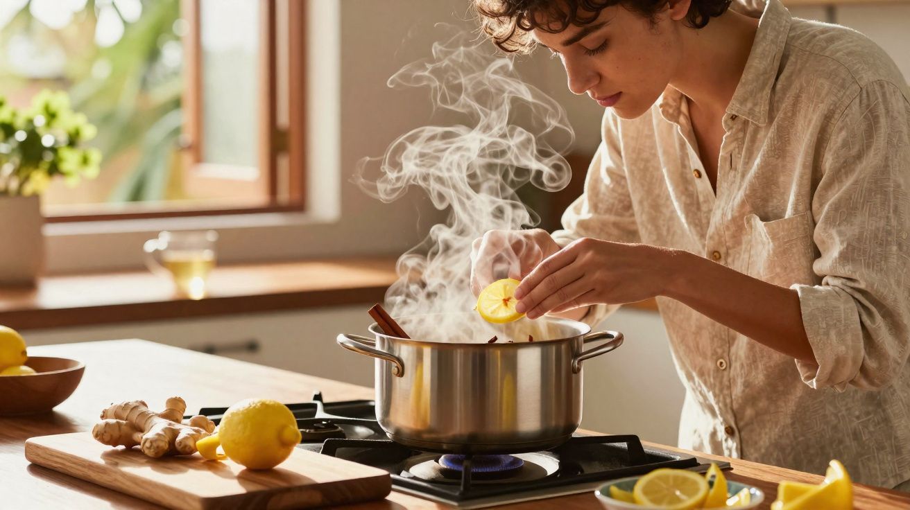 Pessoa adiciona fatia de limão em panela fervendo no fogão, com raiz de gengibre e limões na bancada.
