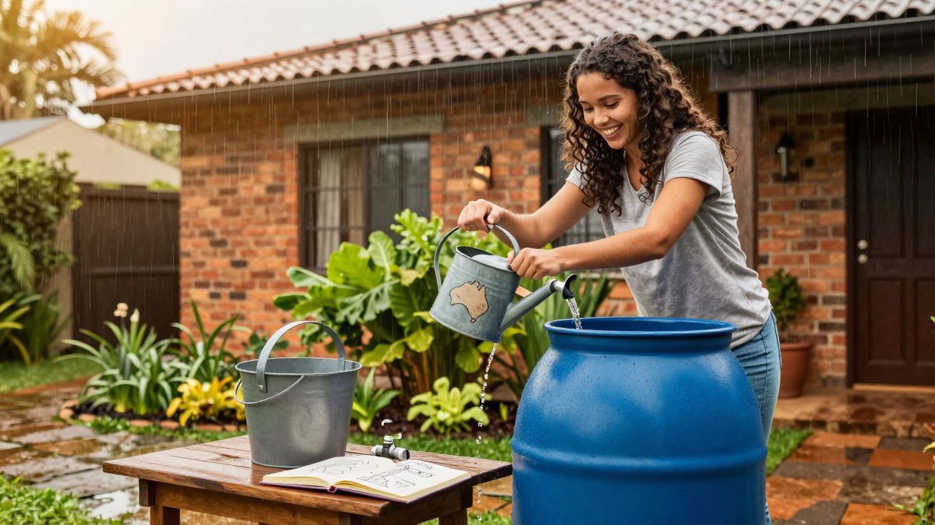 Mulher sorridente enchendo regador com água de barril azul em jardim durante chuva leve.