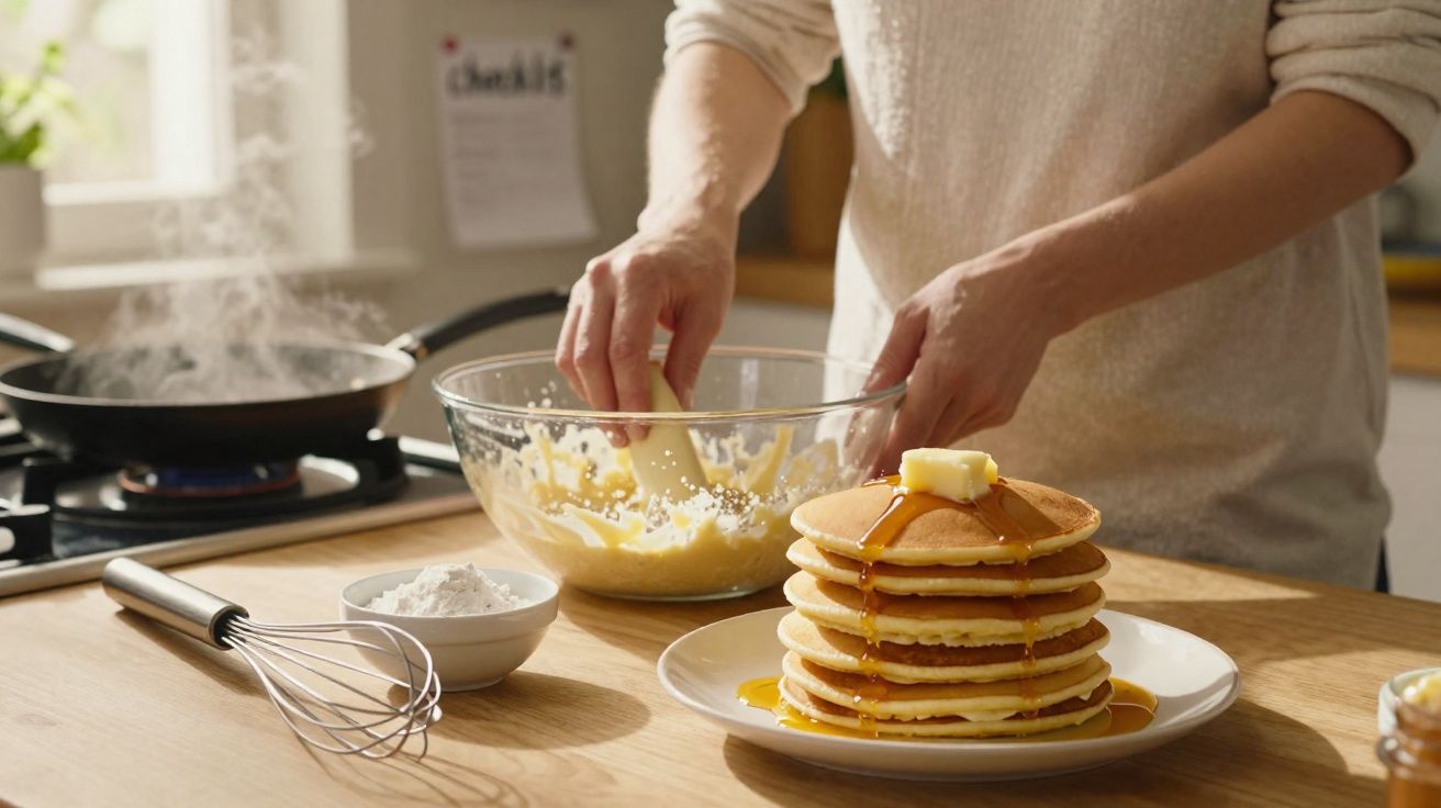 Pessoa preparando massa de panqueca em bowl com pilha de panquecas com manteiga e mel na mesa.