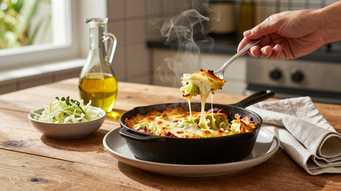 Mão segurando garfo puxando lasanha quente e derretida de ferro fundido com prato e tigela de queijo na mesa de madeira.