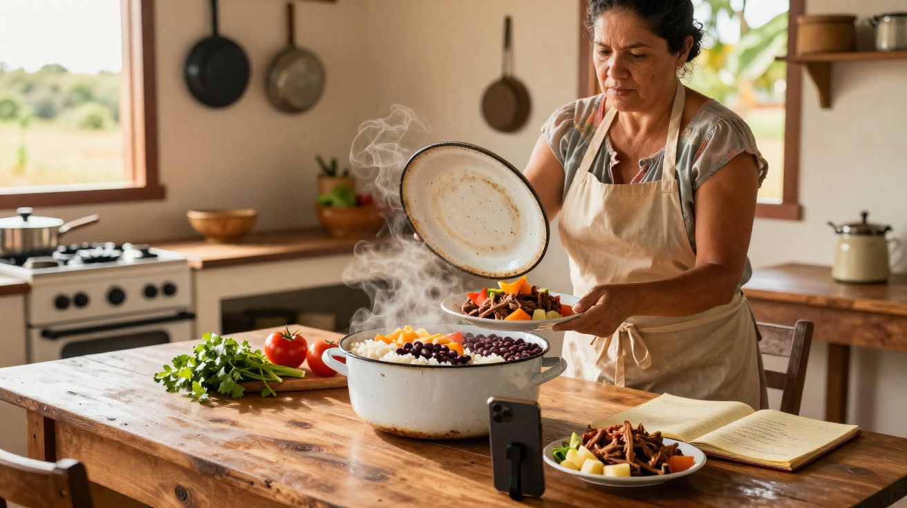Mulher reserva comida de panela quente para pratos em cozinha rústica com ingredientes frescos na mesa.