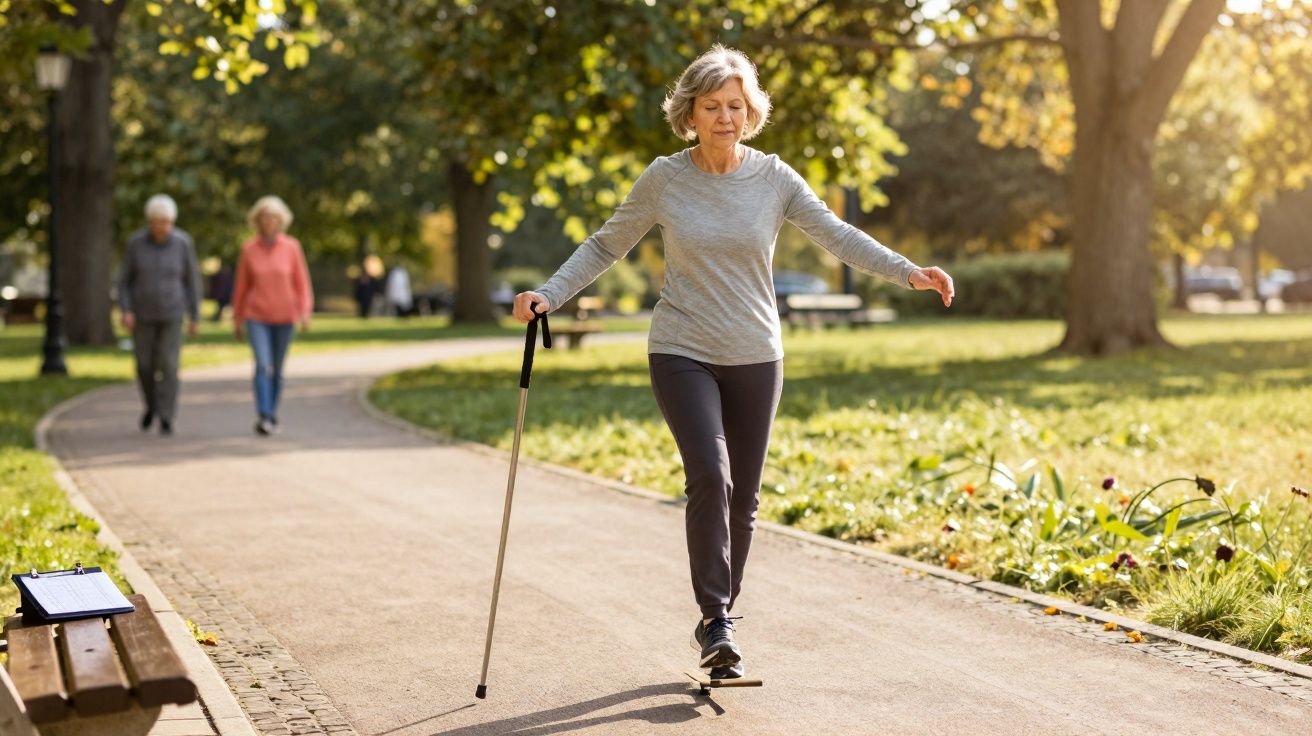 Mulher idosa caminhando com bengala em parque ensolarado, com árvores e outros pedestres ao fundo.