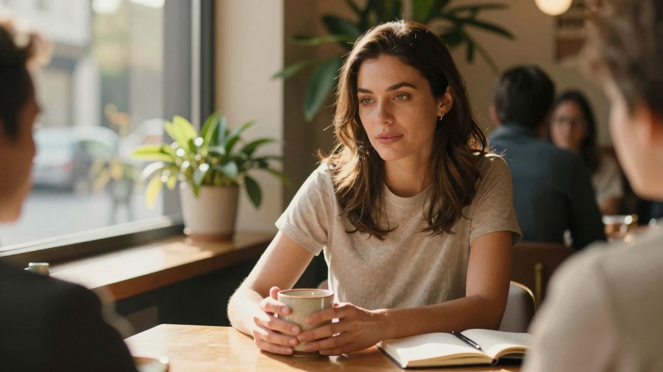 Mulher sentada em mesa de café, segurando xícara, com caderno aberto à sua frente.