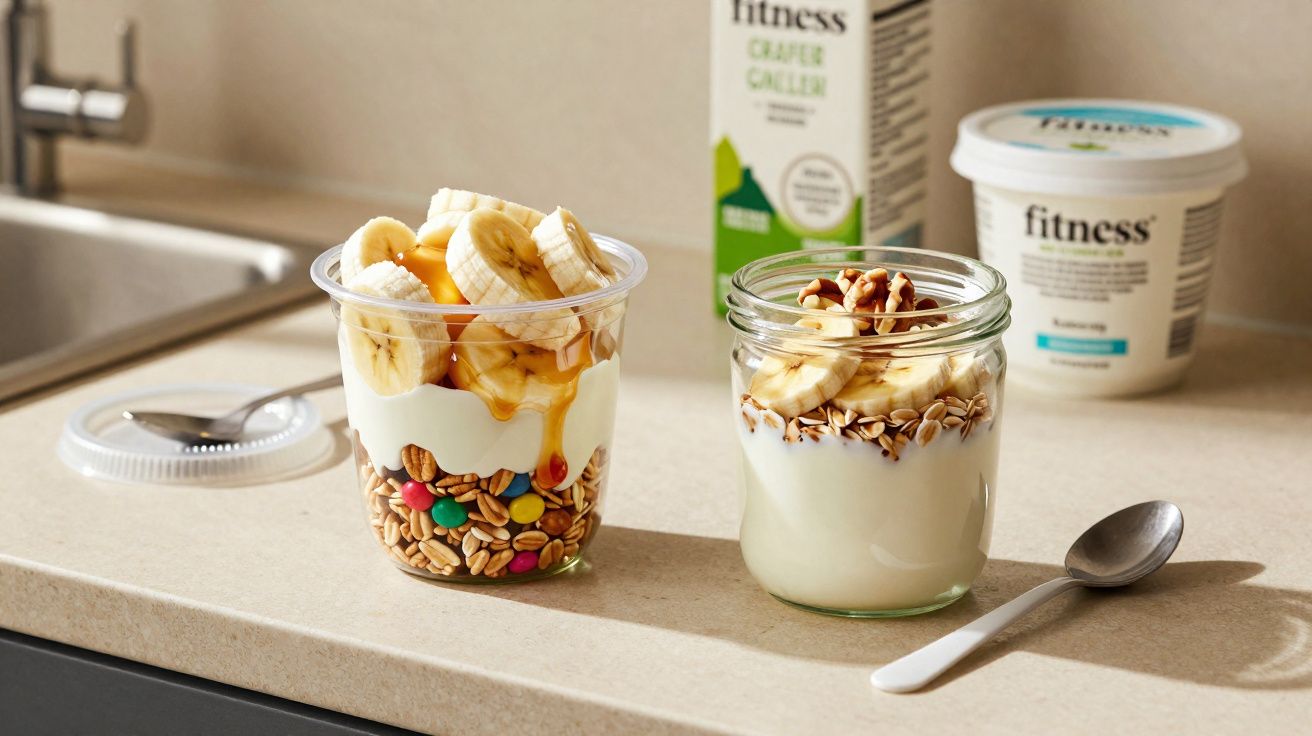 Duas porções de iogurte com granola, banana fatiada e mel sobre bancada de cozinha com potes ao fundo.