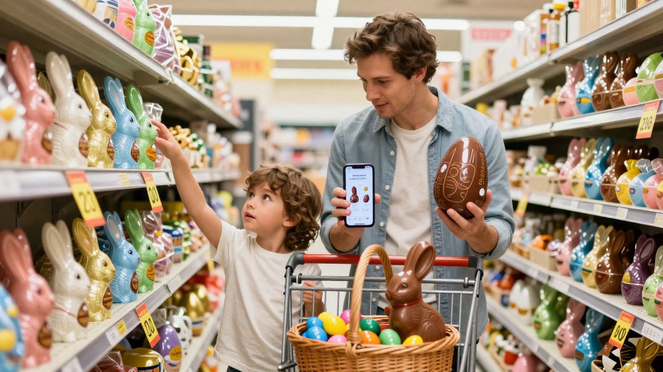 Pai e filho escolhem ovos de Páscoa em supermercado, com cesta de ovos coloridos no carrinho.